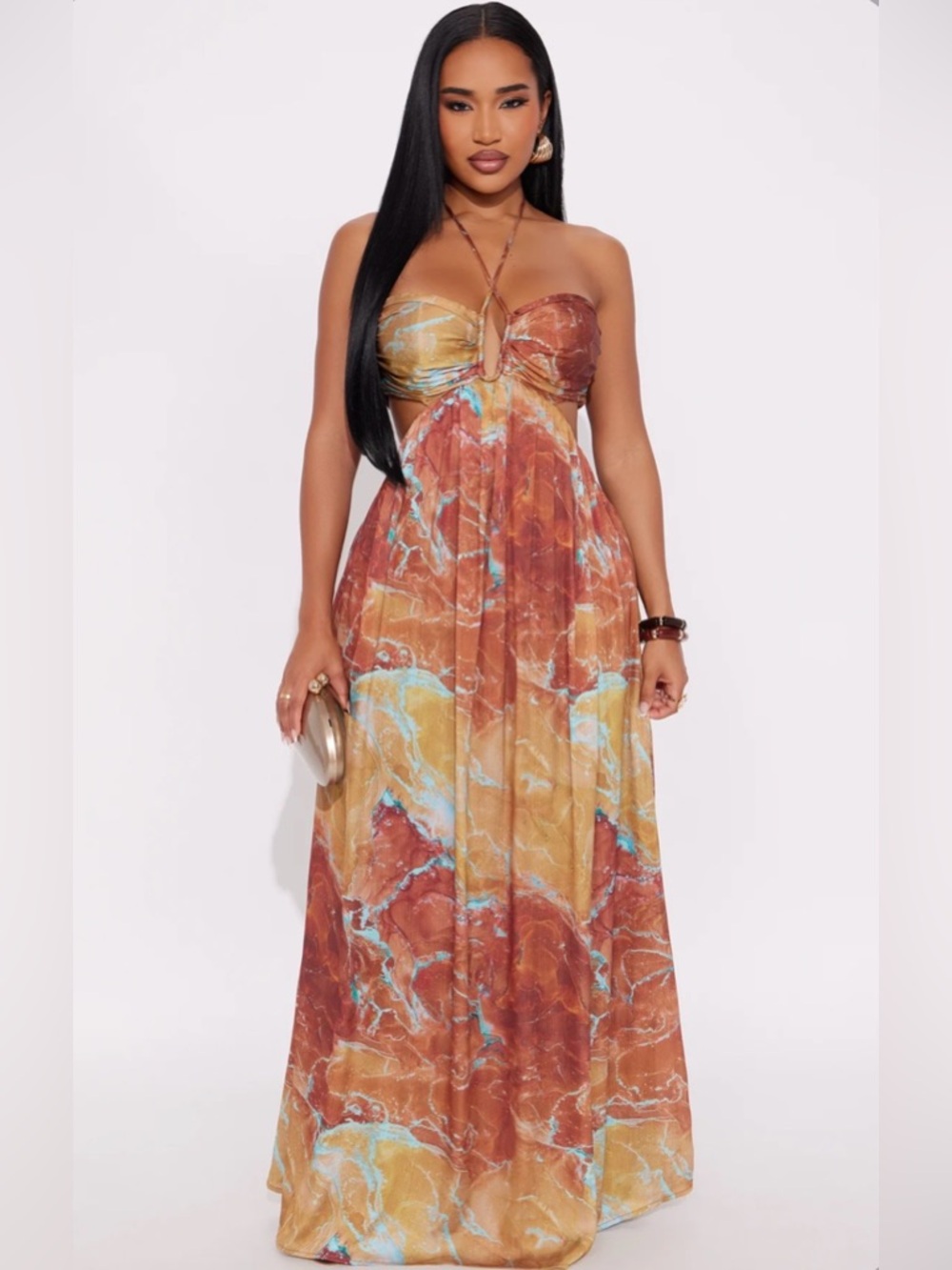 Fashion Nova Strapless Marble-Print Maxi Dress in Rust & Turquoise